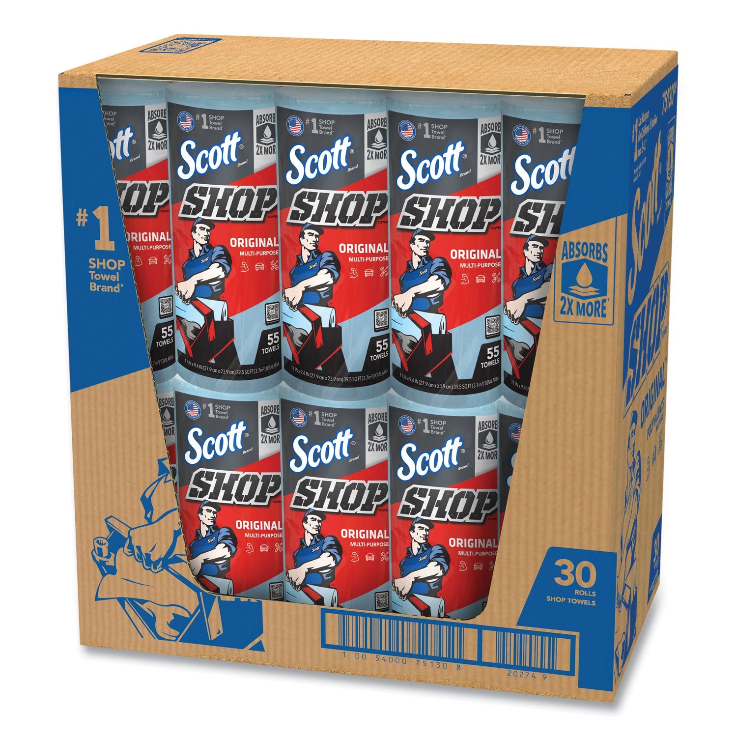 Scott® Shop Towels, Standard Roll, 1-Ply, 9.4 x 11, Blue, 55/Roll, 30 Rolls/Carton