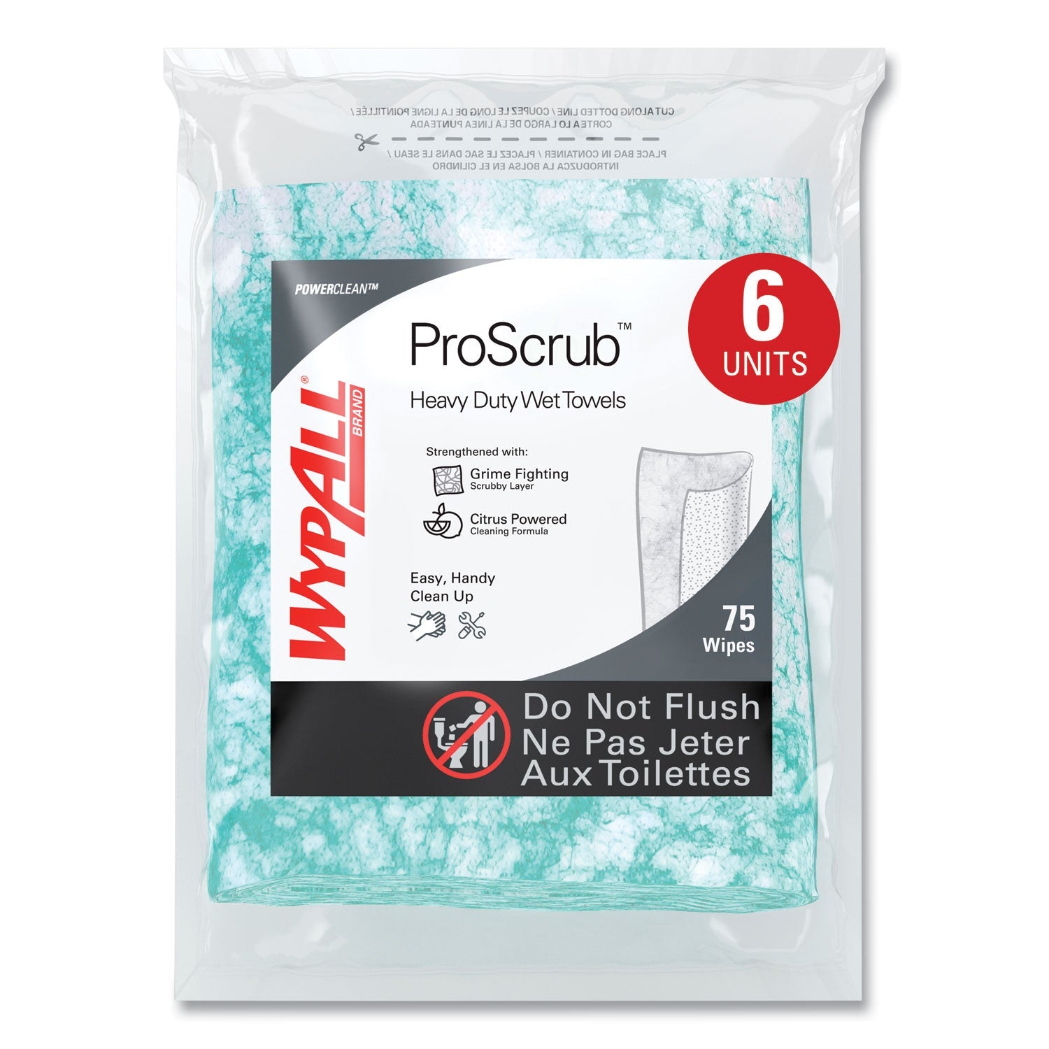 WypAll® Power Clean ProScrub Pre-Saturated Wipes, 12 x 9.5, Citrus Scent, Green, 75/Pack, 6 Packs/Carton