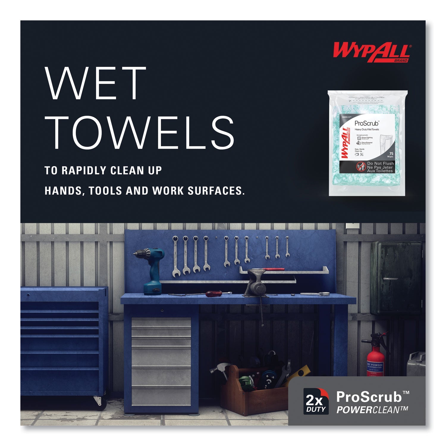 WypAll® Power Clean ProScrub Pre-Saturated Wipes, 12 x 9.5, Citrus Scent, Green, 75/Pack, 6 Packs/Carton
