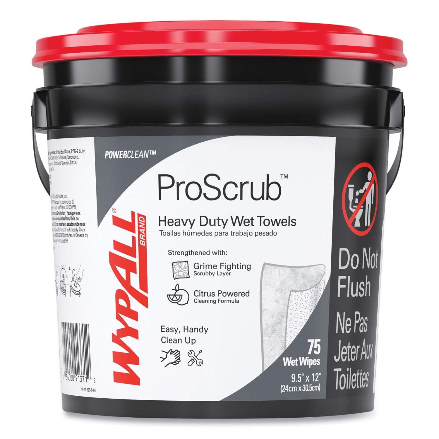 WypAll® Power Clean ProScrub Pre-Saturated Wipes, 9.5 x 12, Citrus Scent, Green, 75/Bucket, 6 Buckets/Carton