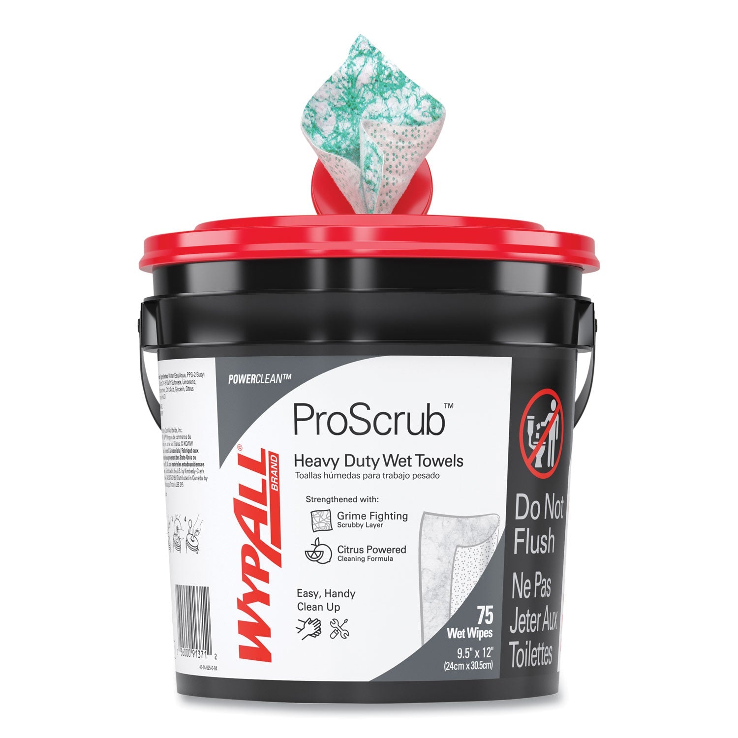 WypAll® Power Clean ProScrub Pre-Saturated Wipes, 9.5 x 12, Citrus Scent, Green, 75/Bucket, 6 Buckets/Carton