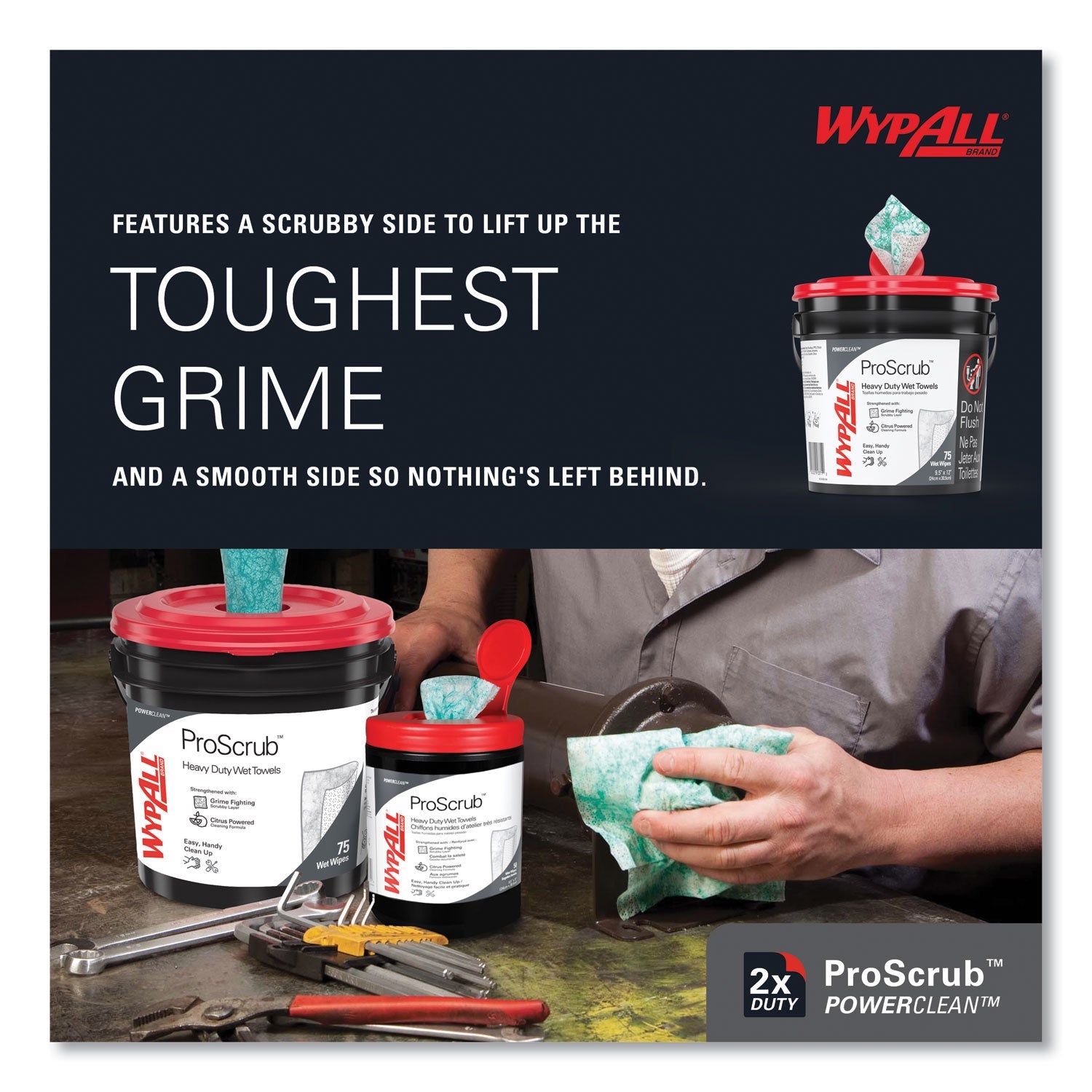 WypAll® Power Clean ProScrub Pre-Saturated Wipes, 9.5 x 12, Citrus Scent, Green, 75/Bucket, 6 Buckets/Carton