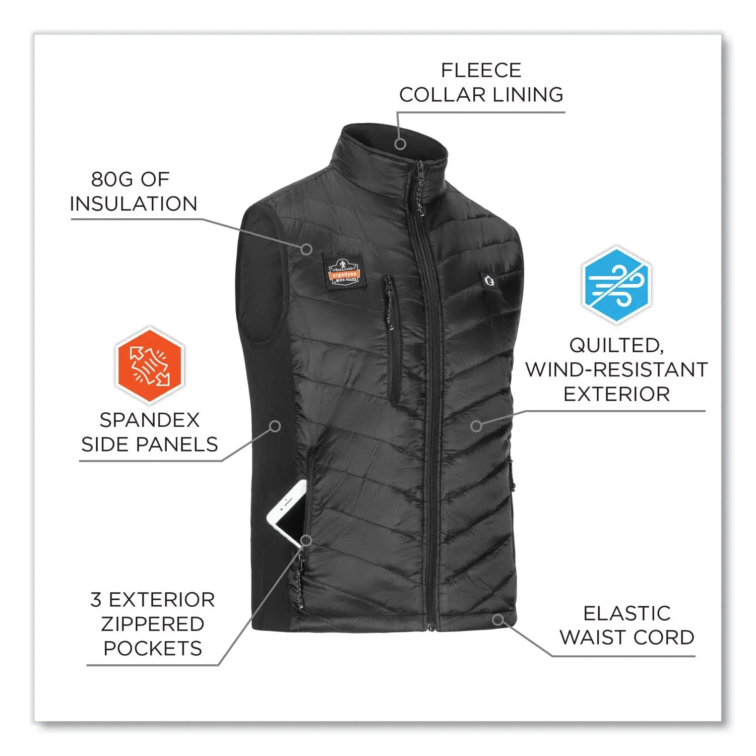 ergodyne® N-Ferno 6495 Rechargeable Heated Vest with Battery Power Bank, Fleece/Polyester, X-Large, Black