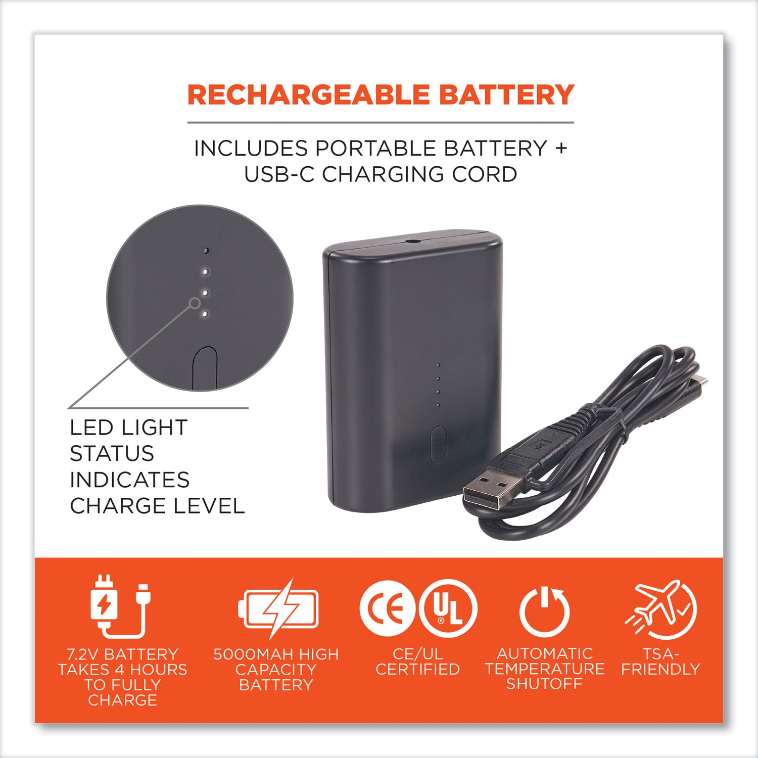 ergodyne® N-Ferno 6495B Portable Battery Power Bank with USB-C Cord, 7.2 V