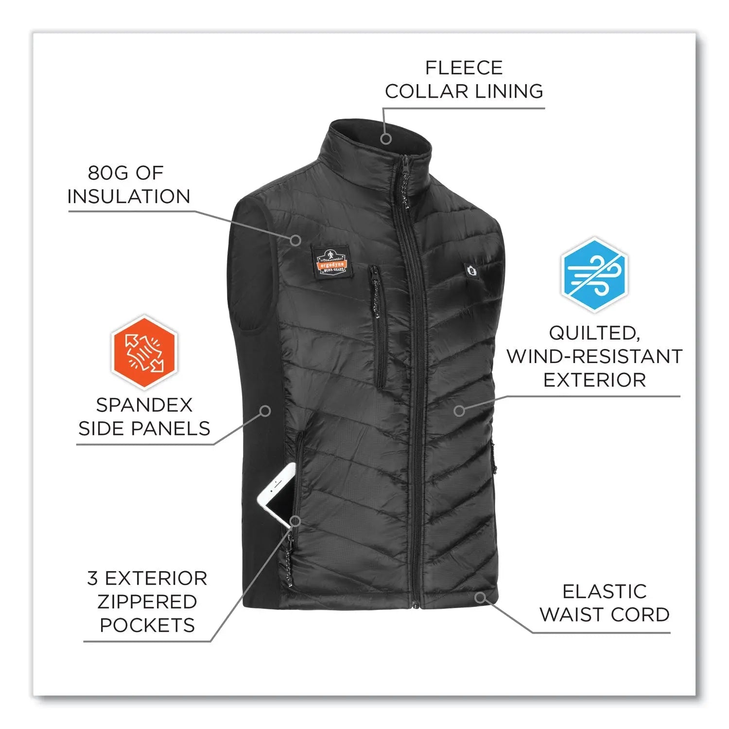 ergodyne® N-Ferno 6495 Rechargeable Heated Vest with Batter Power Bank, Fleece/Polyester, Medium, Black