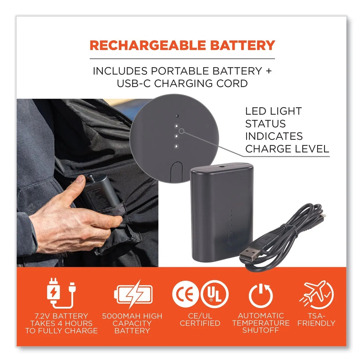 ergodyne® N-Ferno 6495 Rechargeable Heated Vest with Battery Power Bank, Fleece/Polyester, X-Large, Black