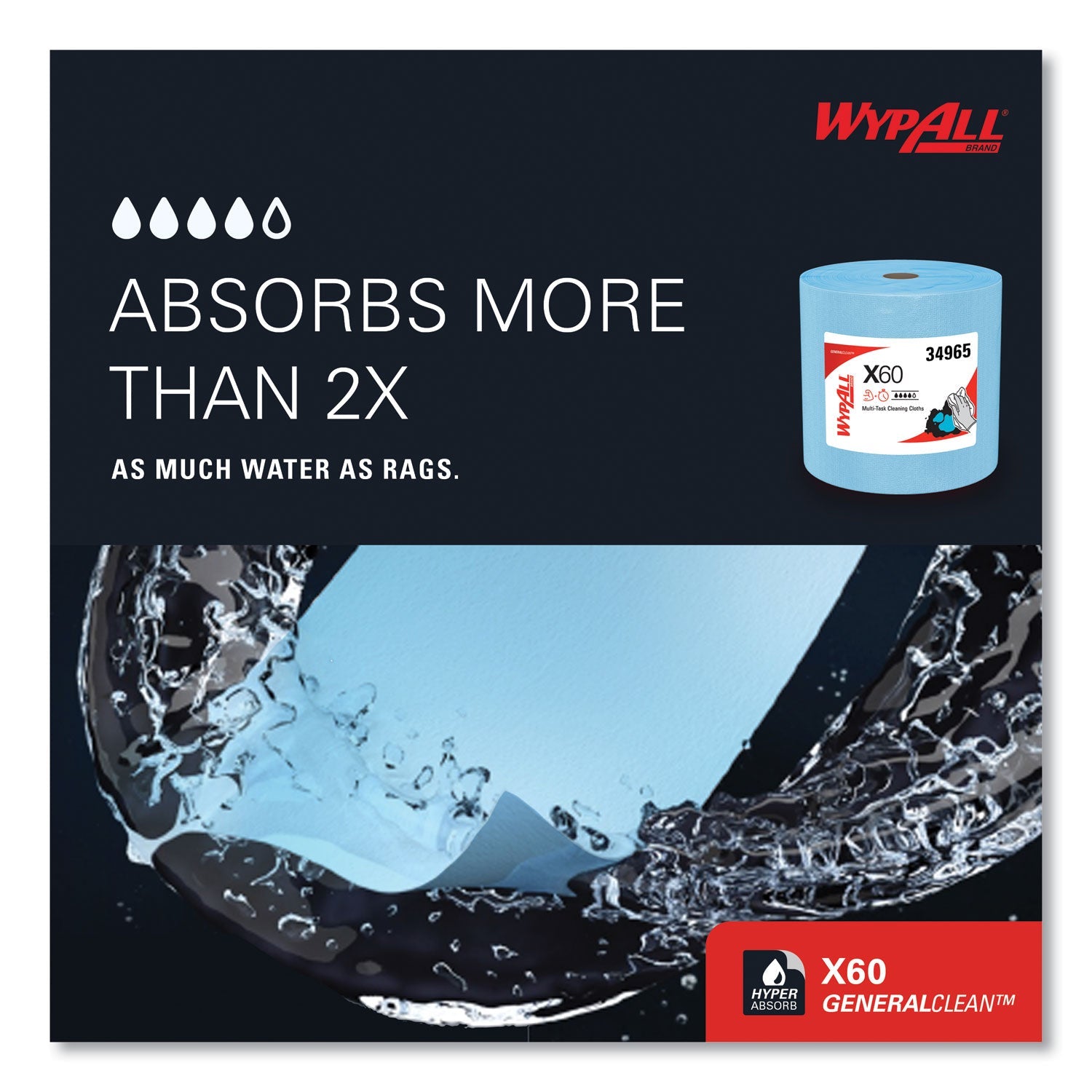 WypAll® General Clean X60 Cloths, Jumbo Roll, 12.5 x 13.4, Blue, 1,100/Roll