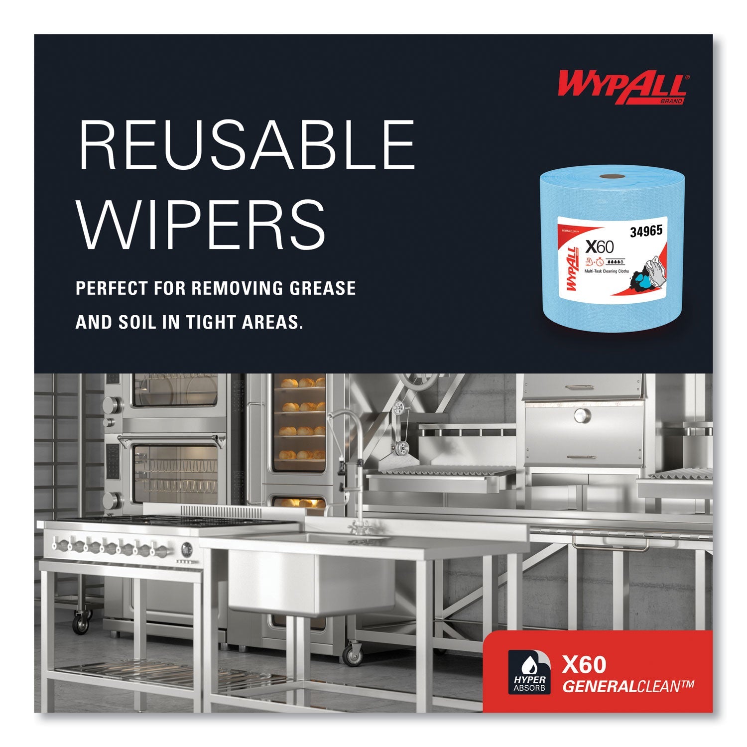 WypAll® General Clean X60 Cloths, Jumbo Roll, 12.5 x 13.4, Blue, 1,100/Roll