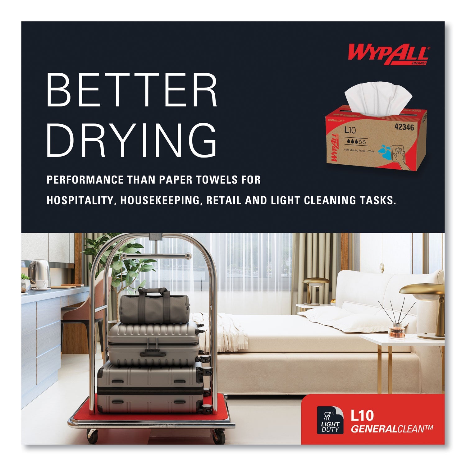 WypAll® L10 Towels, POP-UP Box, 1-Ply, 10.25 x 9, White, 250/Box, 24 Boxes/Carton