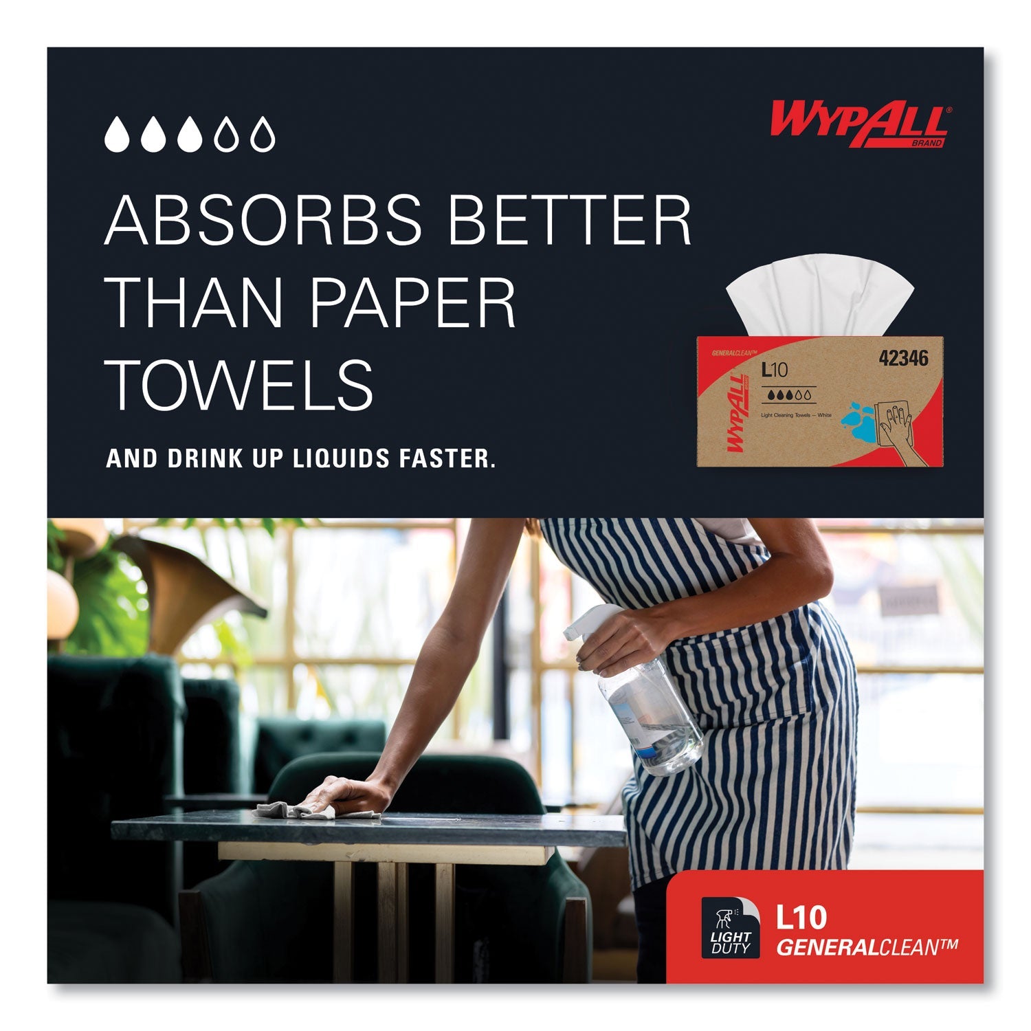 WypAll® L10 Towels, POP-UP Box, 1-Ply, 10.25 x 9, White, 250/Box, 24 Boxes/Carton