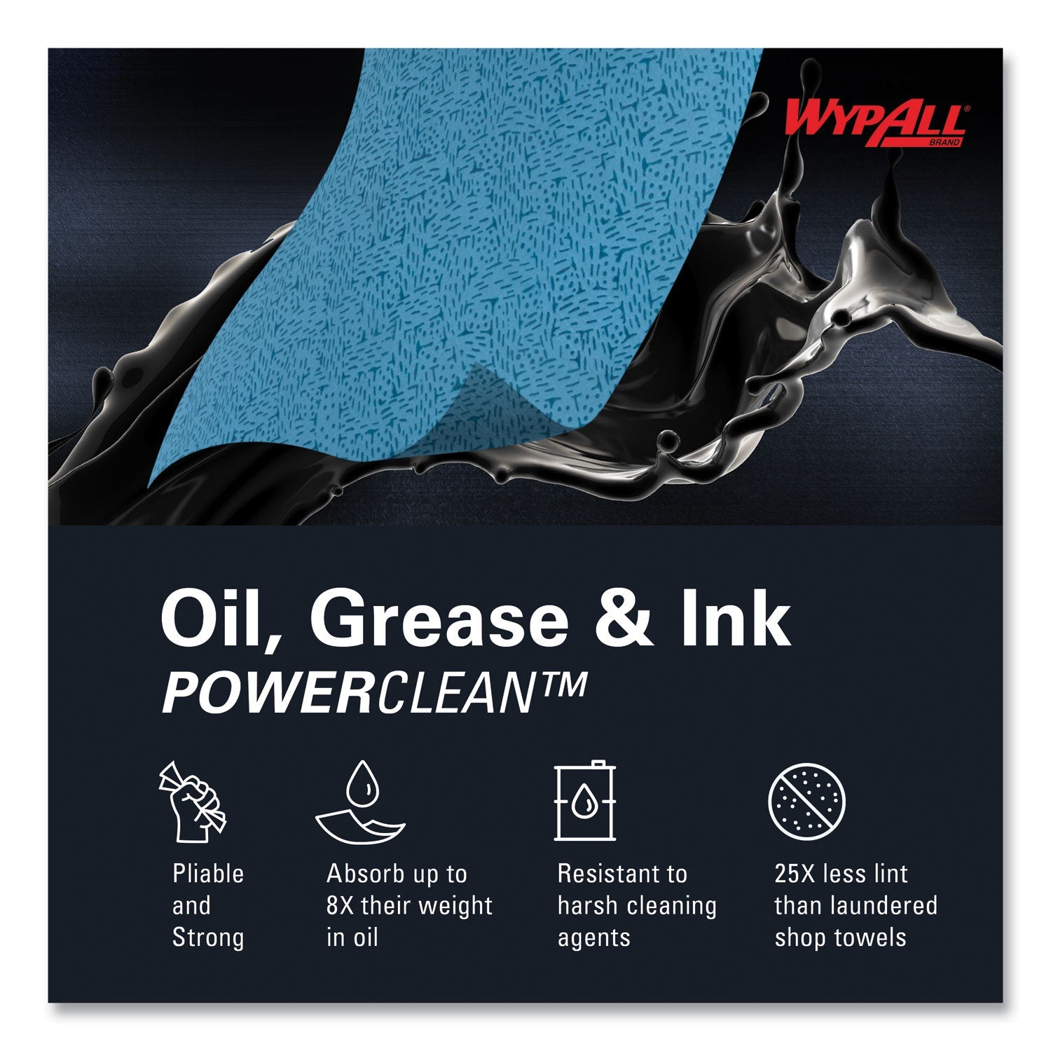 WypAll® Power Clean Oil, Grease and Ink Cloths, 1/4 Fold, 12.5 x 12, Blue, 66/Box, 8 Boxes/Carton