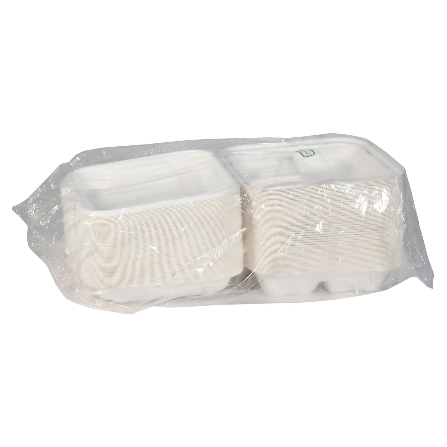 Pactiv Evergreen EarthChoice PFAS Free Compostable Hinged Lid Container, 3 Compartments, 8 x 8 x 3, Natural, Sugarcane, 150/Carton