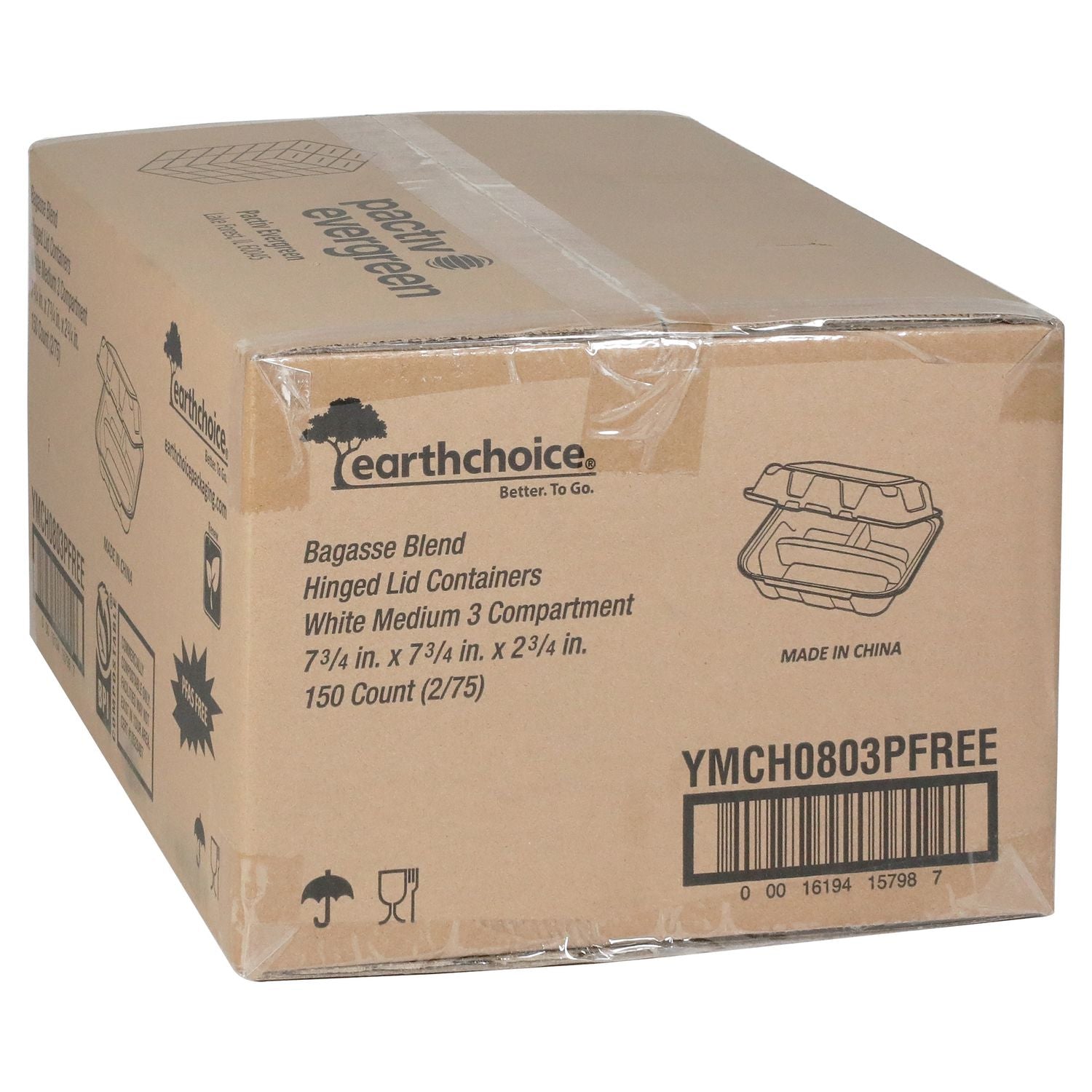 Pactiv Evergreen EarthChoice PFAS Free Compostable Hinged Lid Container, 3 Compartments, 8 x 8 x 3, Natural, Sugarcane, 150/Carton