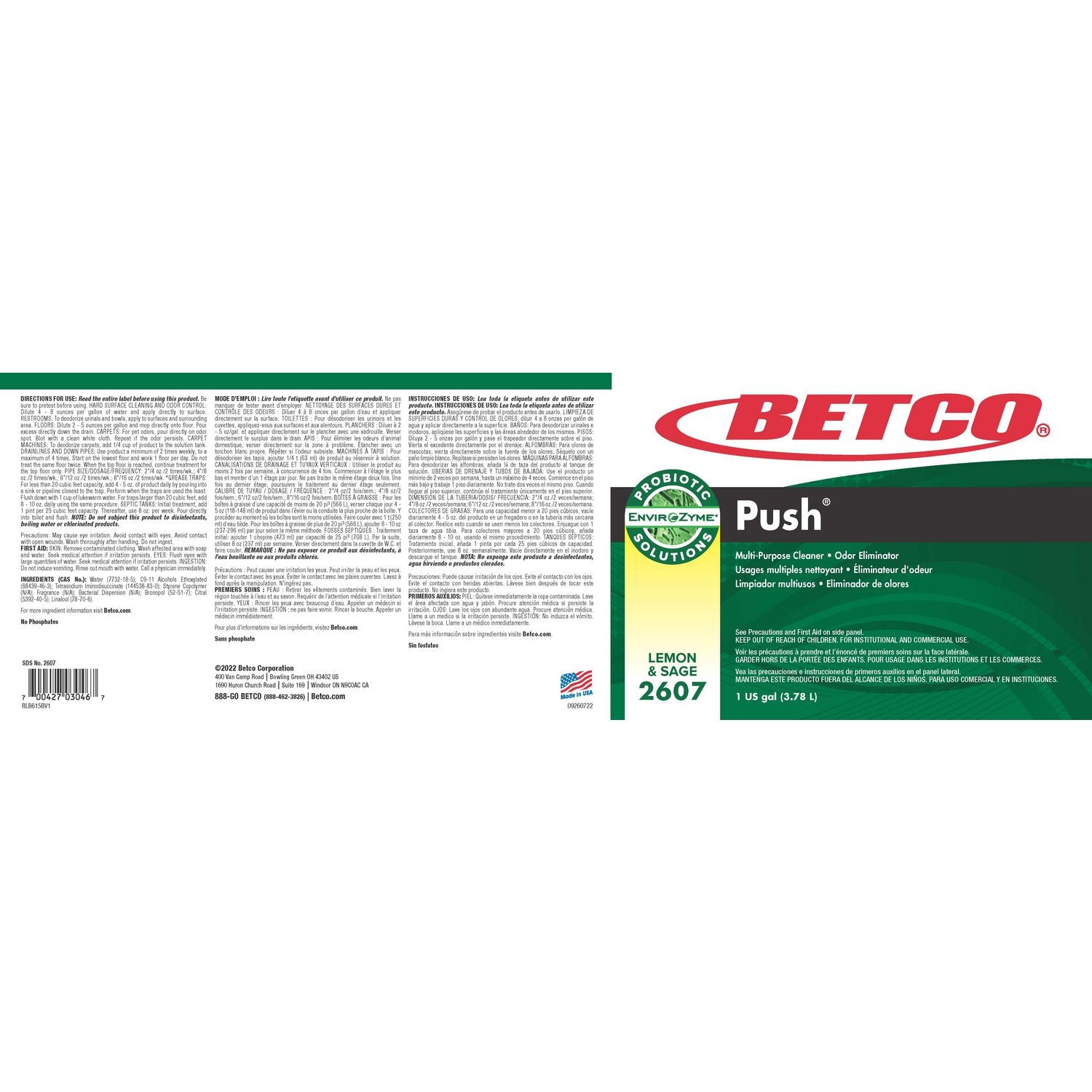 Betco® Green Earth Push Enzyme Multipurpose Cleaner, Lemon and Sage Scent, 1 gal Bottle, 4/Carton