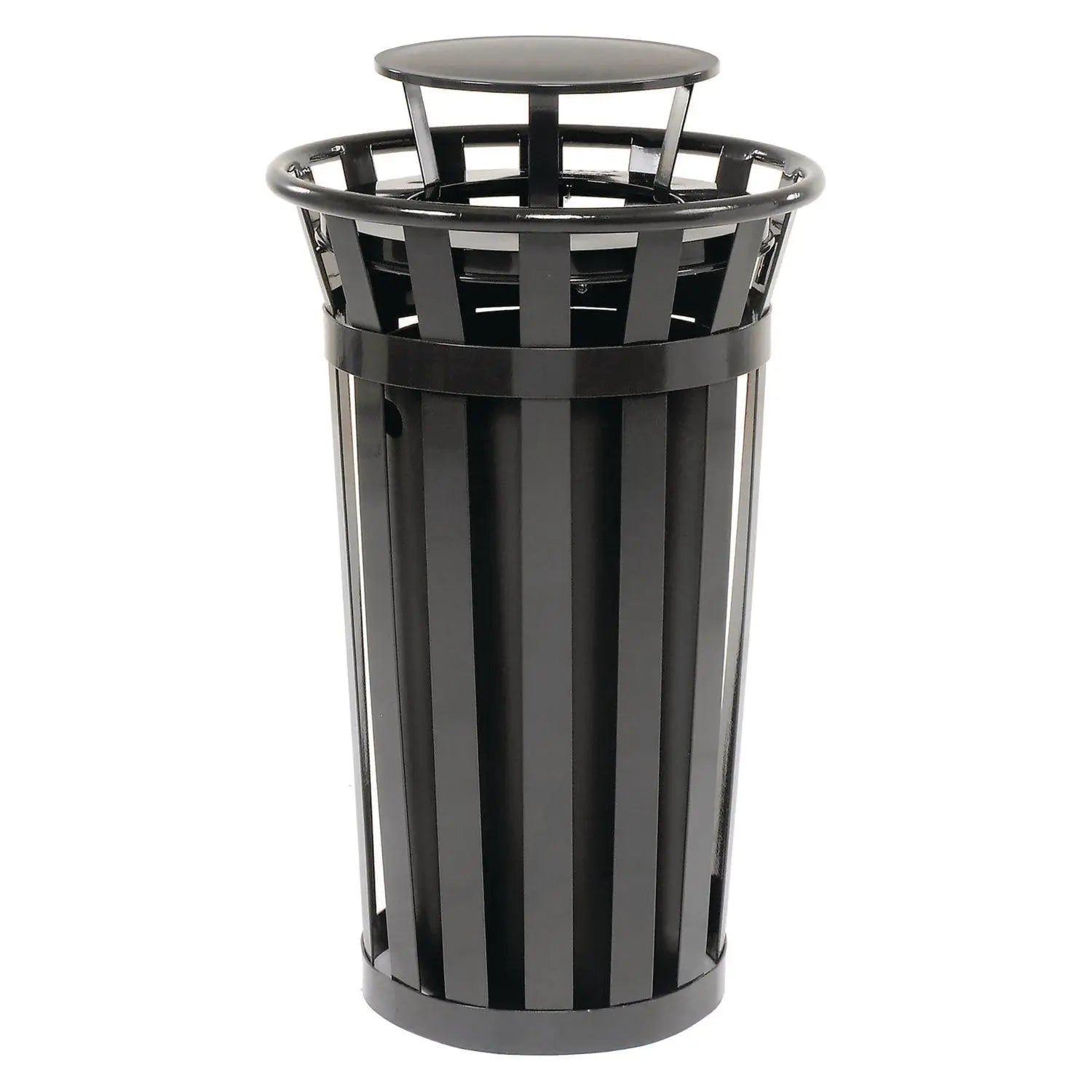 Global Industrial® Outdoor Slatted Steel Trash Can, Rain Bonnet Lid, 24 gal, Black
