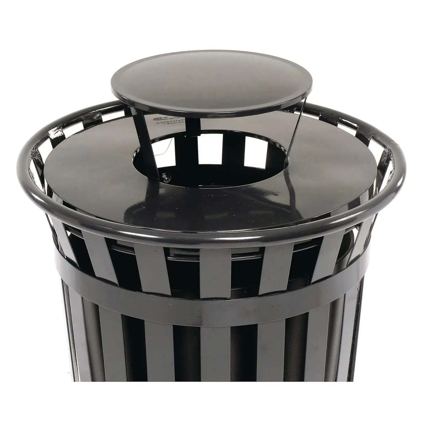 Global Industrial® Outdoor Slatted Steel Trash Can, Rain Bonnet Lid, 36 gal, Black