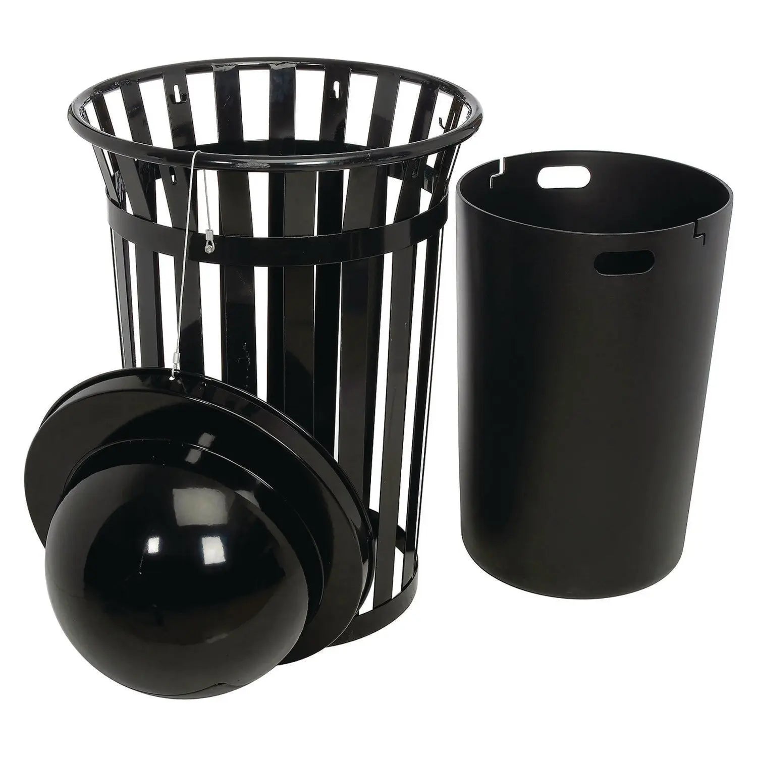 Global Industrial® Outdoor Slatted Steel Trash Can, Dome Lid, 36 gal, Black