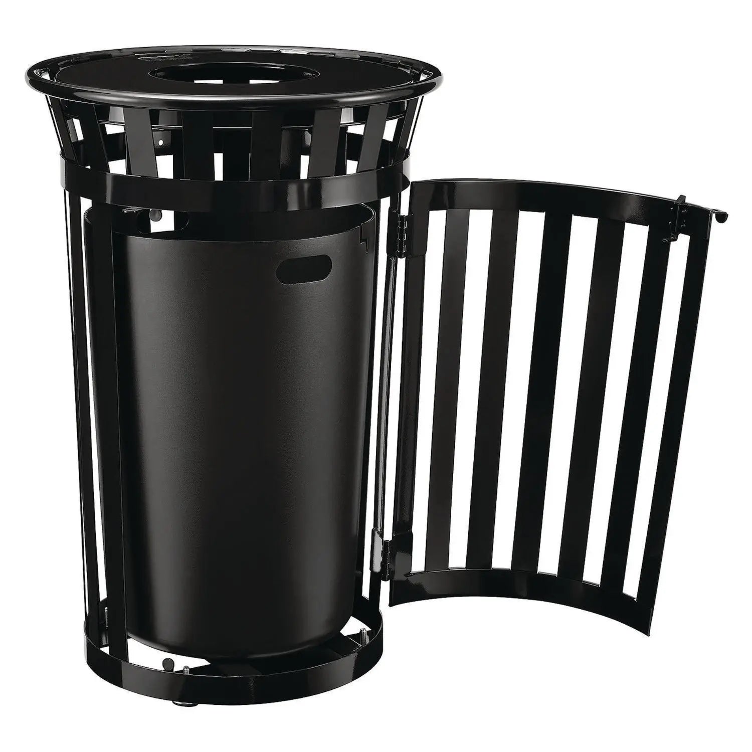 Global Industrial® Outdoor Slatted Steel Trash Can, With Access Door, 36 gal, Steel Black