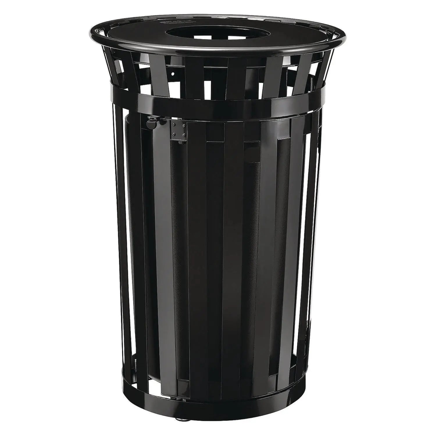 Global Industrial® Outdoor Slatted Steel Trash Can, With Access Door, 36 gal, Steel Black