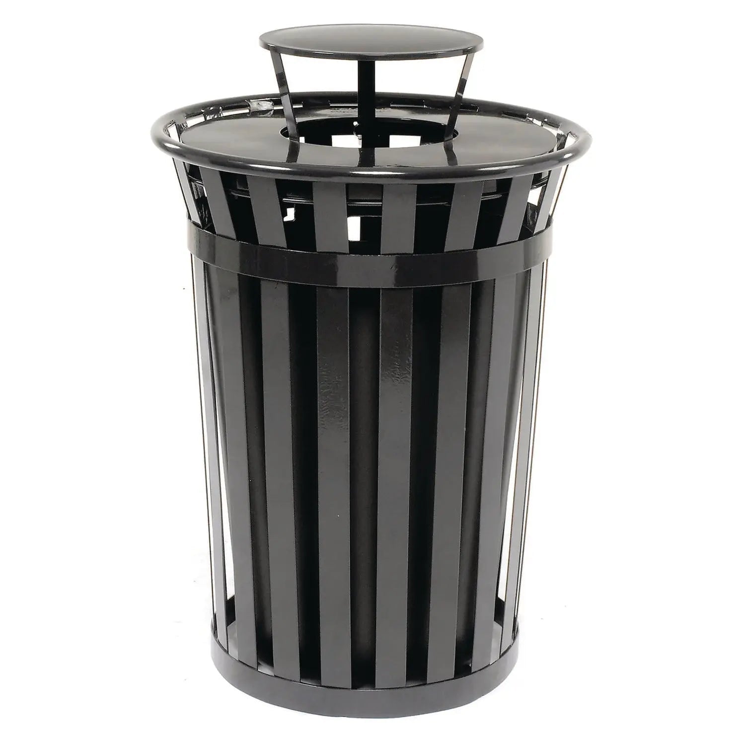 Global Industrial® Outdoor Slatted Steel Trash Can, Rain Bonnet Lid, 36 gal, Black
