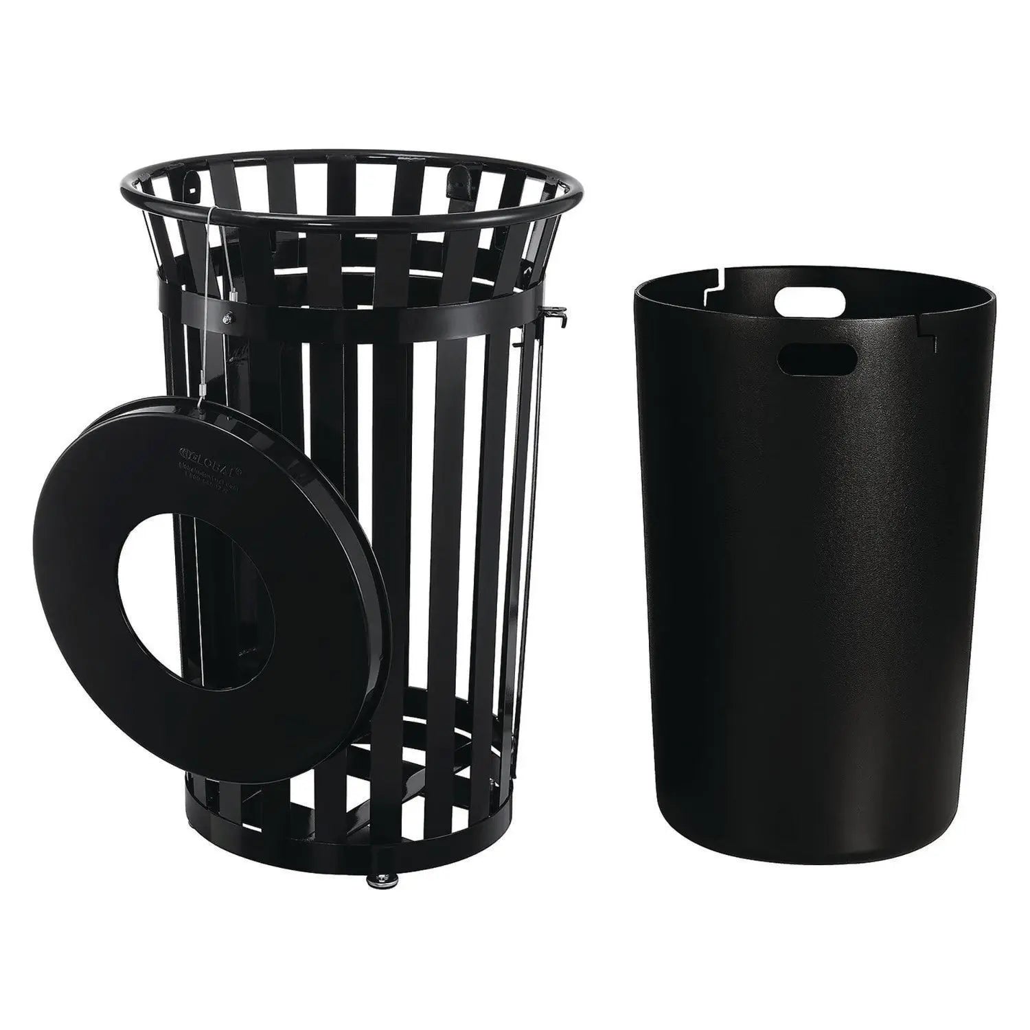 Global Industrial® Outdoor Slatted Steel Trash Can, With Access Door, 36 gal, Steel Black