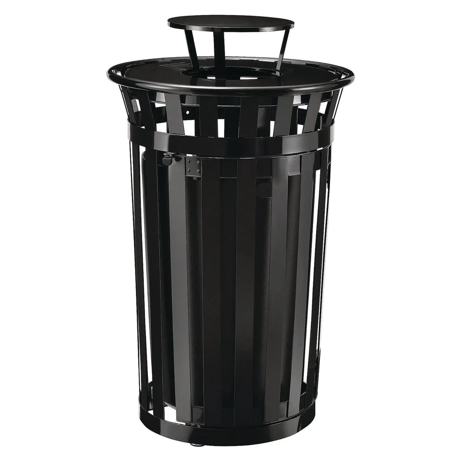 Global Industrial® Outdoor Slatted Steel Trash Can, With Access Door and Rain Bonnet Lid, 36 gal, Black