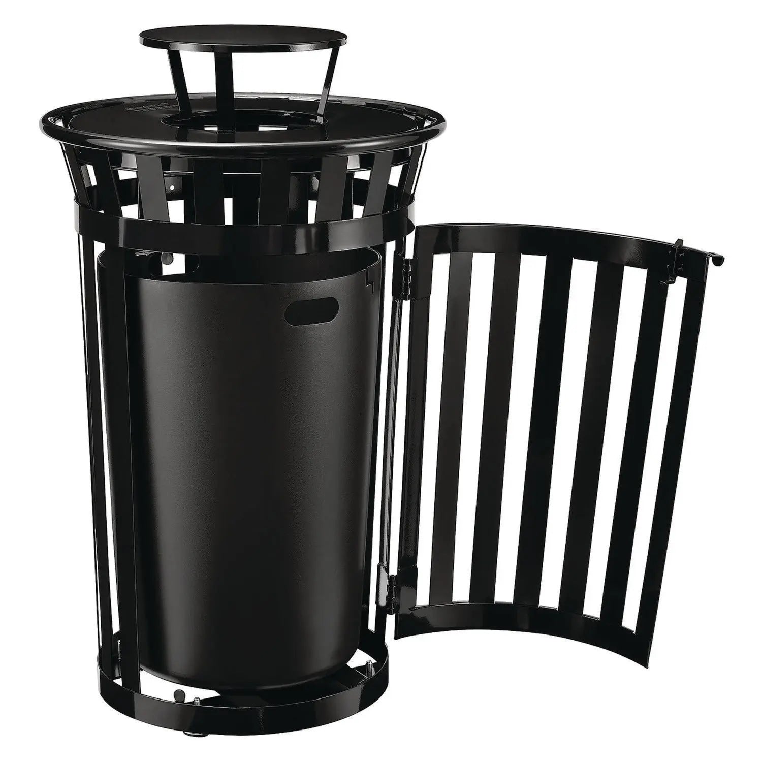 Global Industrial® Outdoor Slatted Steel Trash Can, With Access Door and Rain Bonnet Lid, 36 gal, Black