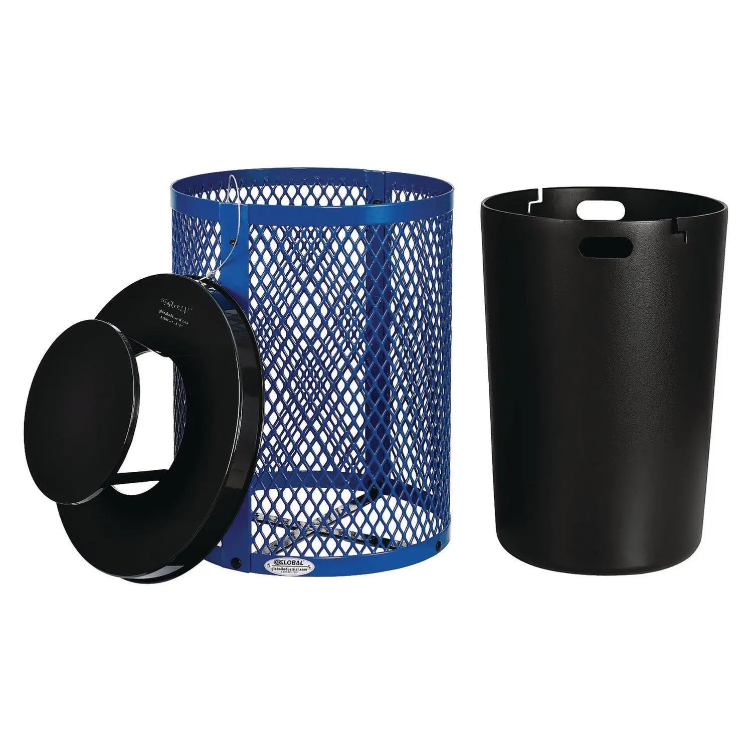 Global Industrial® Outdoor Diamond Steel Trash Can, Rain Bonnet Lid, 36 gal, Blue