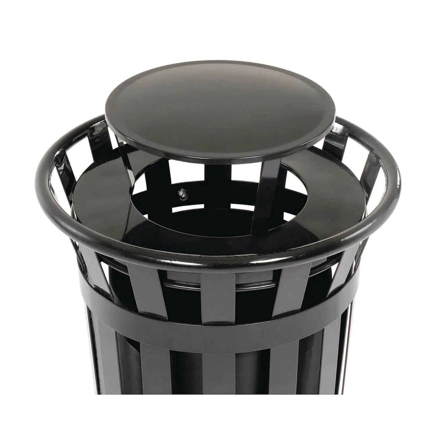 Global Industrial® Outdoor Slatted Steel Trash Can, Rain Bonnet Lid, 24 gal, Black