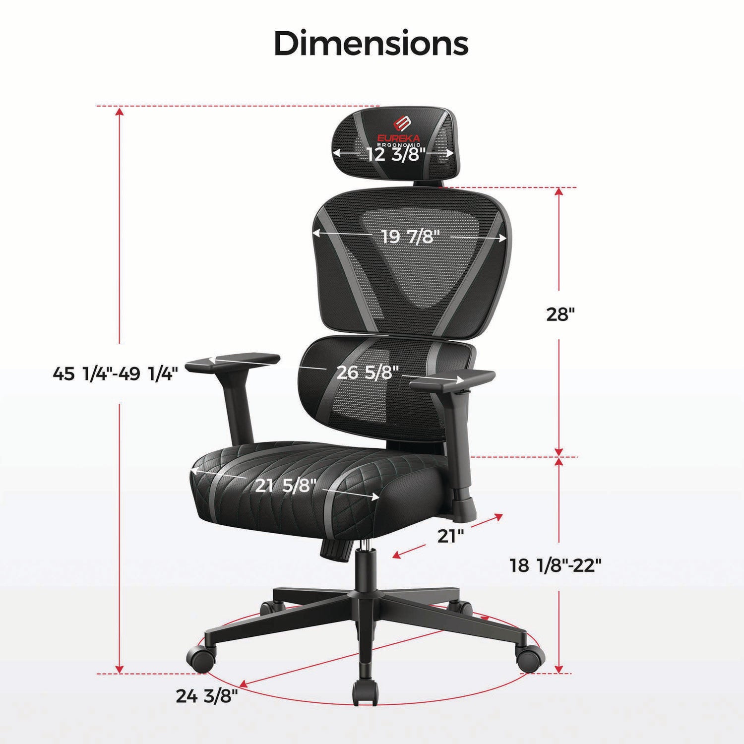 Eureka Ergonomic® Norn Ergonomic Chair, Supports Up to 275 lb, 18.11" to 22.04" Seat Height, Black/Gray Mesh Seat/Back, Black Base
