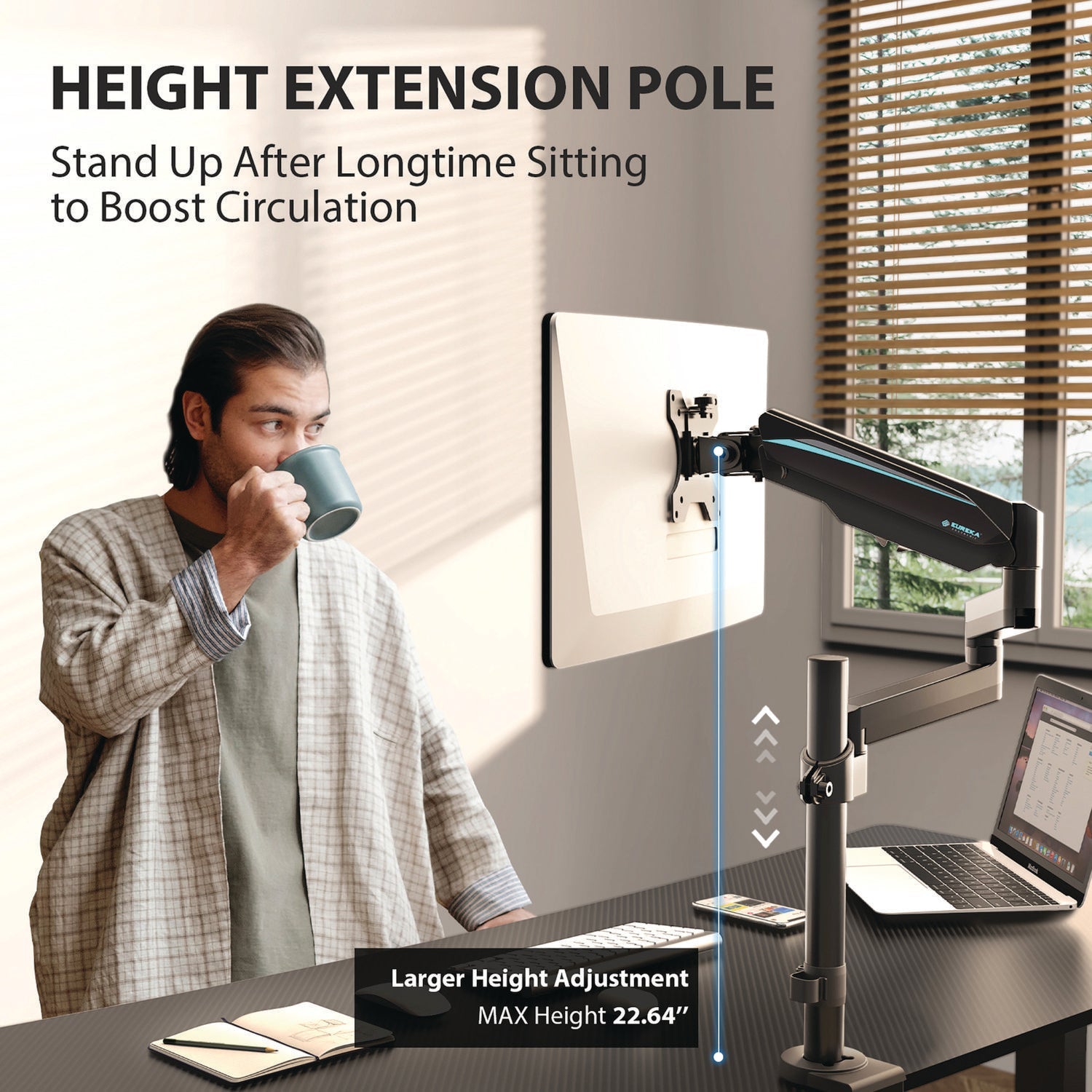Eureka Ergonomic® Single Monitor Arm, For 32" Monitors, 90 deg Rotation, 35 deg Tilt, 360 deg Pan, Black, Supports 17.6 lbs