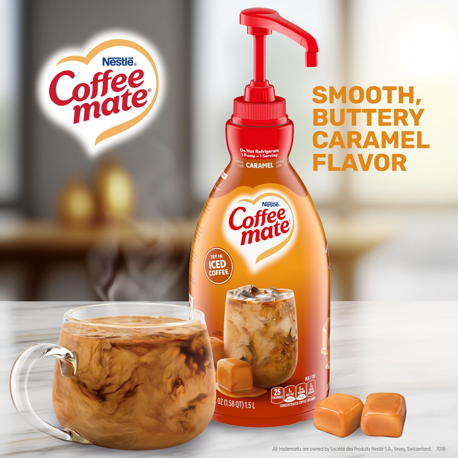 Coffee mate® Liquid Creamer Pump Bottle, Caramel, 50.7 oz Pump Bottle, 2/Carton