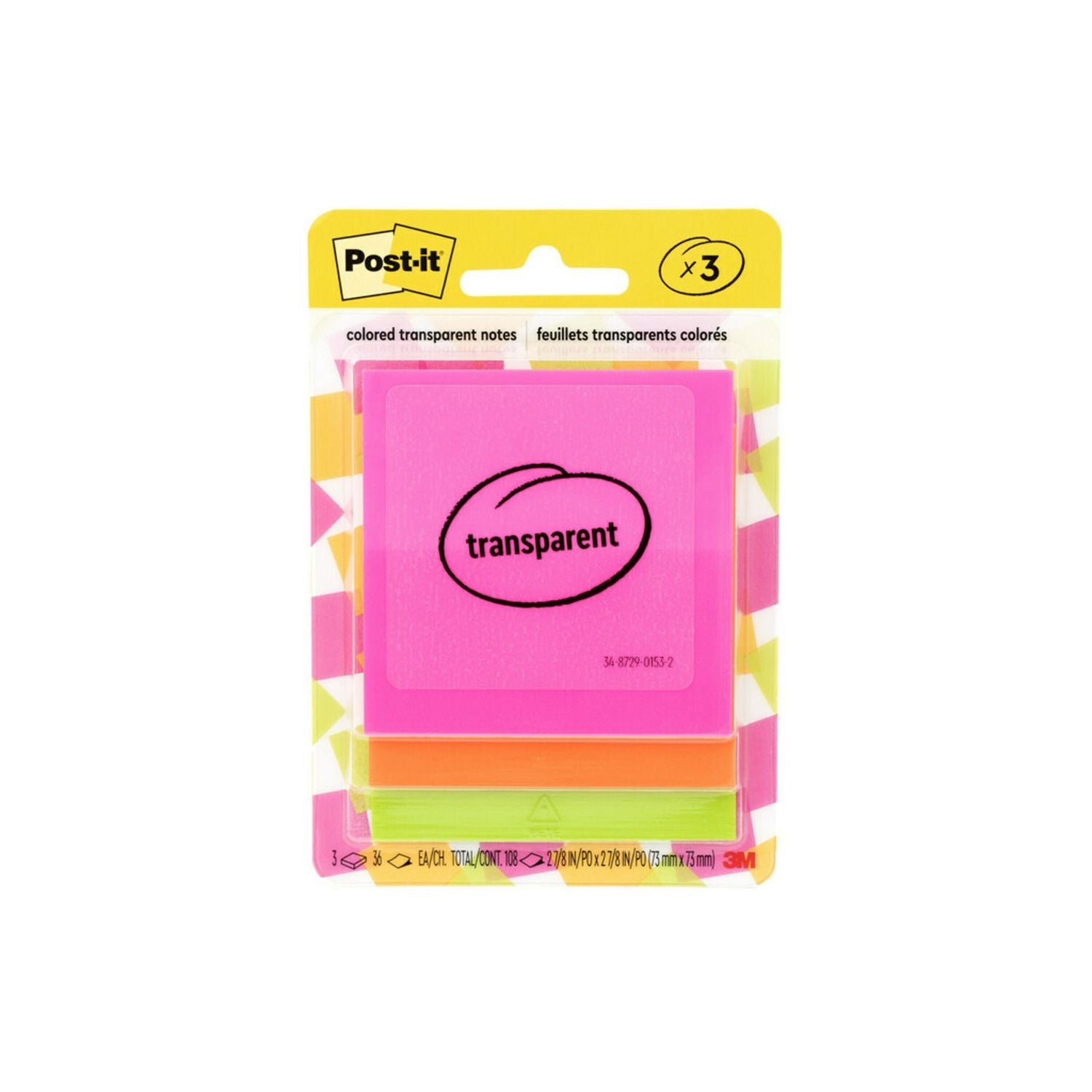 Post-it® Transparent Notes, Unruled, 2.88" x 2.88", Assorted Transparent Colors, 36 Sheets/Pad, 3 Pads/Pack