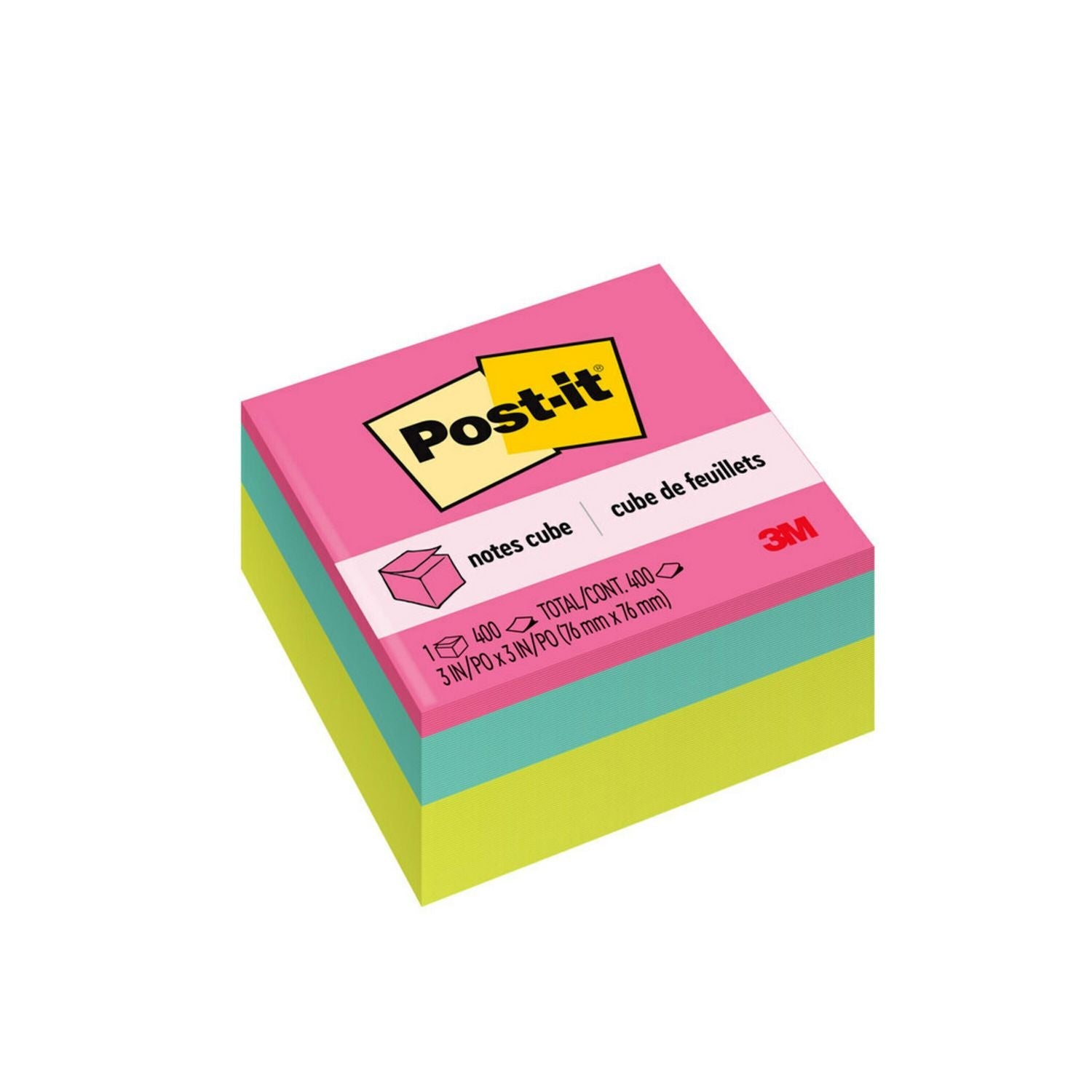 Post-it® Notes Original Cubes, 3" x 3", Assorted Bright Colors, 400 Sheets/Cube