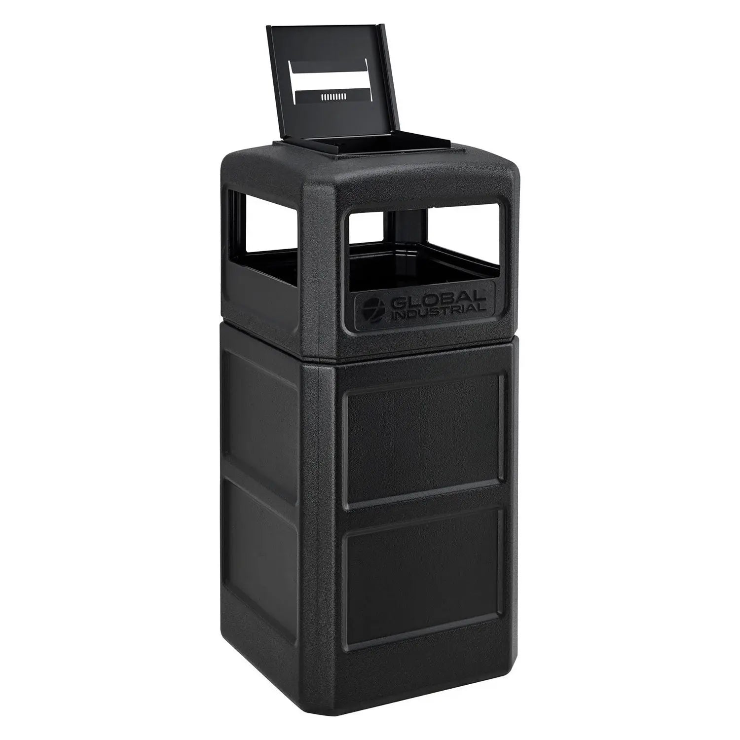Global Industrial® Square Plastic Waste Receptacle, Ashtray Lid with Open Sides, 42 gal, Black