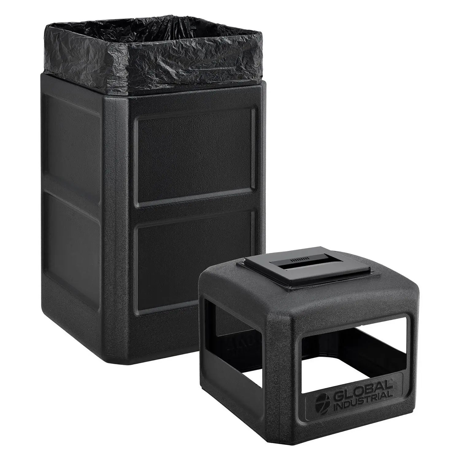 Global Industrial® Square Plastic Waste Receptacle, Ashtray Lid with Open Sides, 42 gal, Black