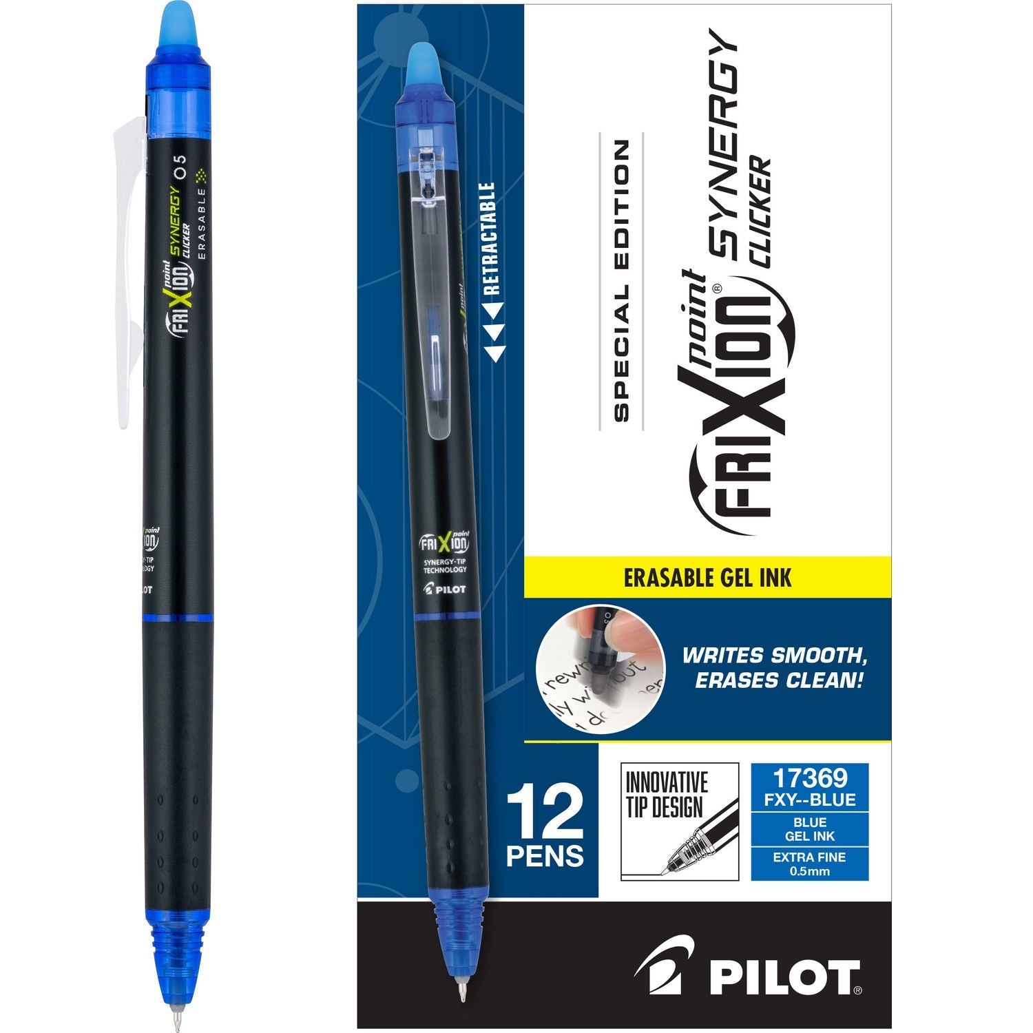 Pilot® FriXion Synergy Clicker Erasable Gel Pen, Retractable, Extra-Fine 0.5 mm, Blue Ink, Black/Blue Barrel, Dozen