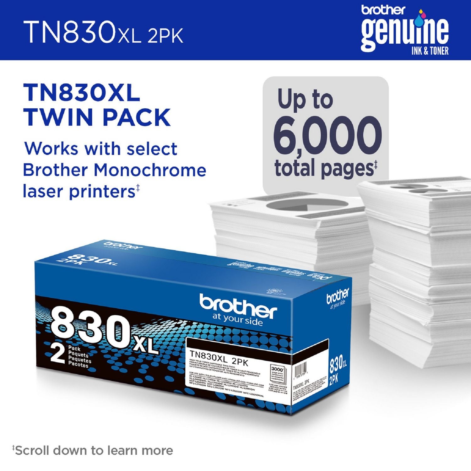 Brother TN830XL High-Yield Toner, 3,000 Page-Yield, Black, 2/Pack