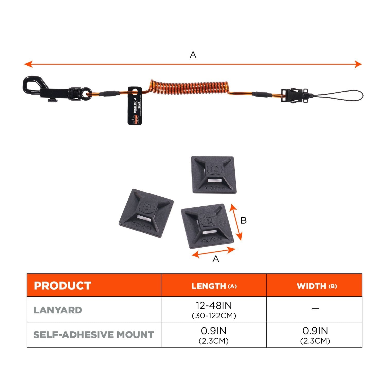 ergodyne® Squids 3151 Coil Lanyard Swivel Hook/Detachable Loop, Mini Adhesive Mount, 2 lb Max Working Capacity, 12" Long, Black/Orange