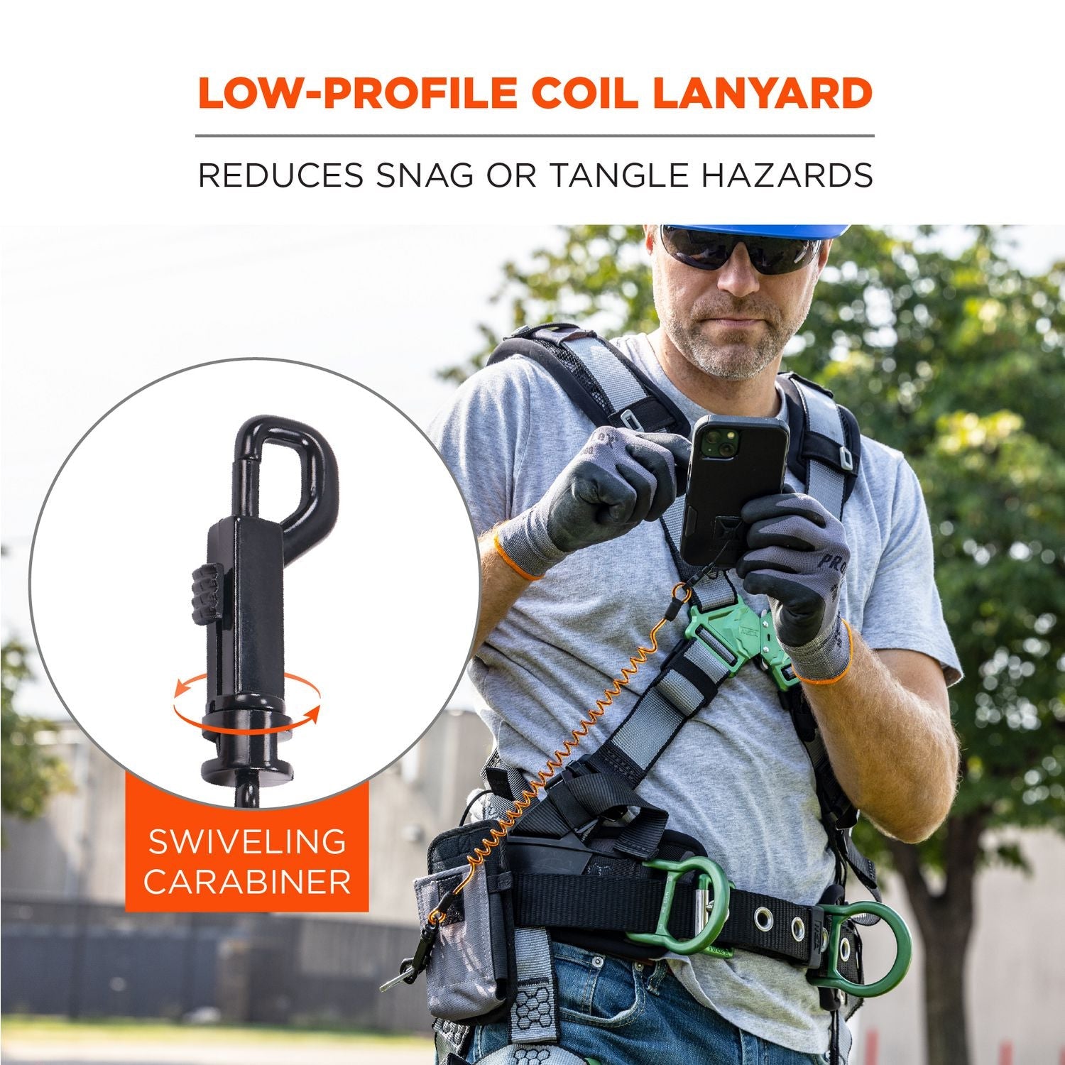 ergodyne® Squids 3151 Coil Lanyard Swivel Hook/Detachable Loop, Mini Adhesive Mount, 2 lb Max Working Capacity, 12" Long, Black/Orange