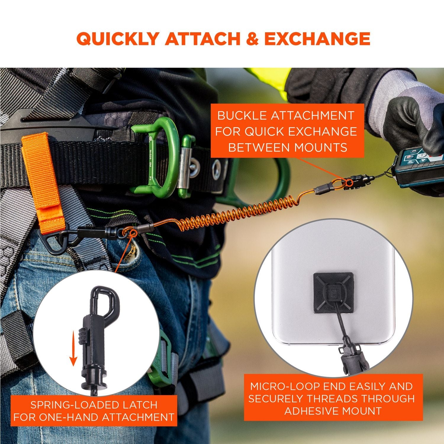 ergodyne® Squids 3151 Coil Lanyard Swivel Hook/Detachable Loop, Mini Adhesive Mount, 2 lb Max Working Capacity, 12" Long, Black/Orange