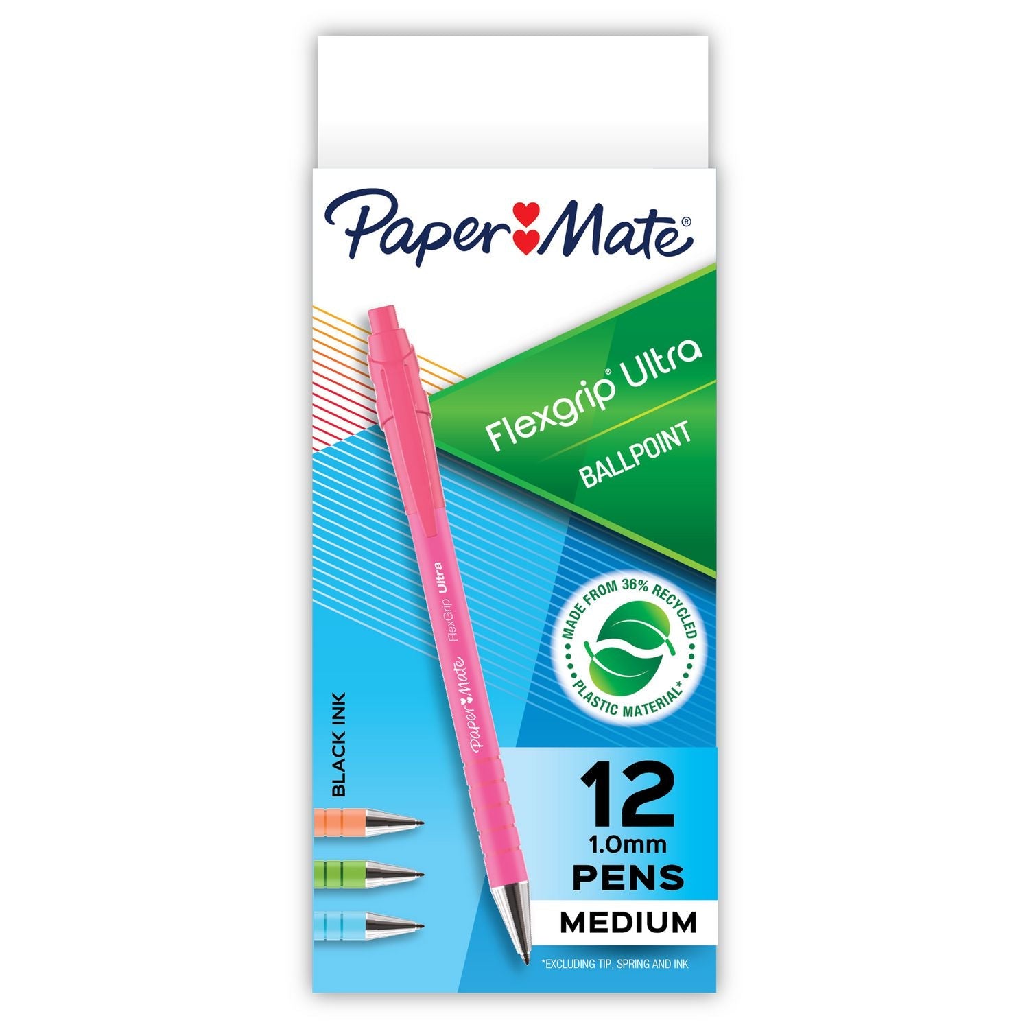 Paper Mate® FlexGrip Ultra Recycled Ballpoint Pen, Retractable, Medium 1 mm, Black Ink, Assorted Barrel Colors, Dozen
