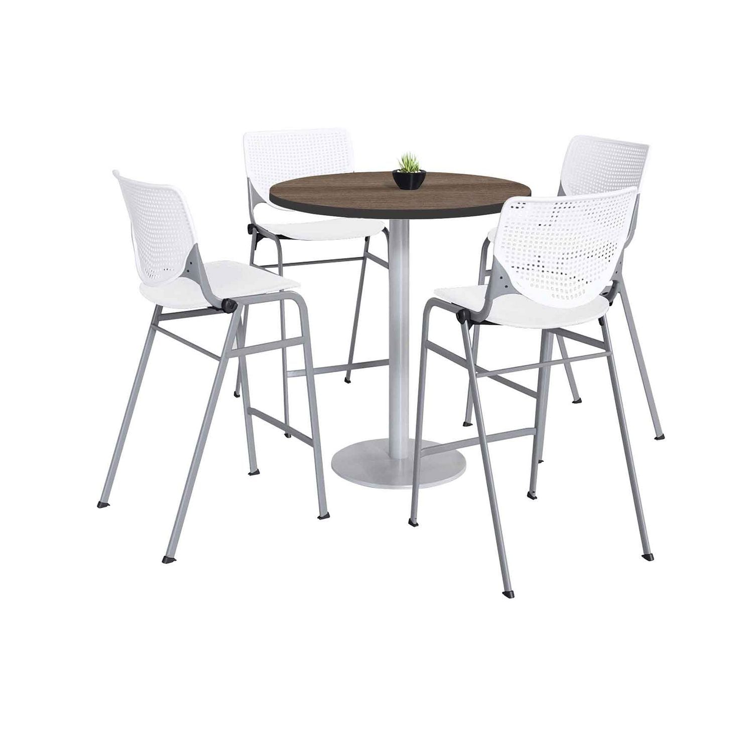 KFI Studios Pedestal Bistro Table with Four White Kool Series Barstools, Round, 36" Dia x 41h, Studio Teak