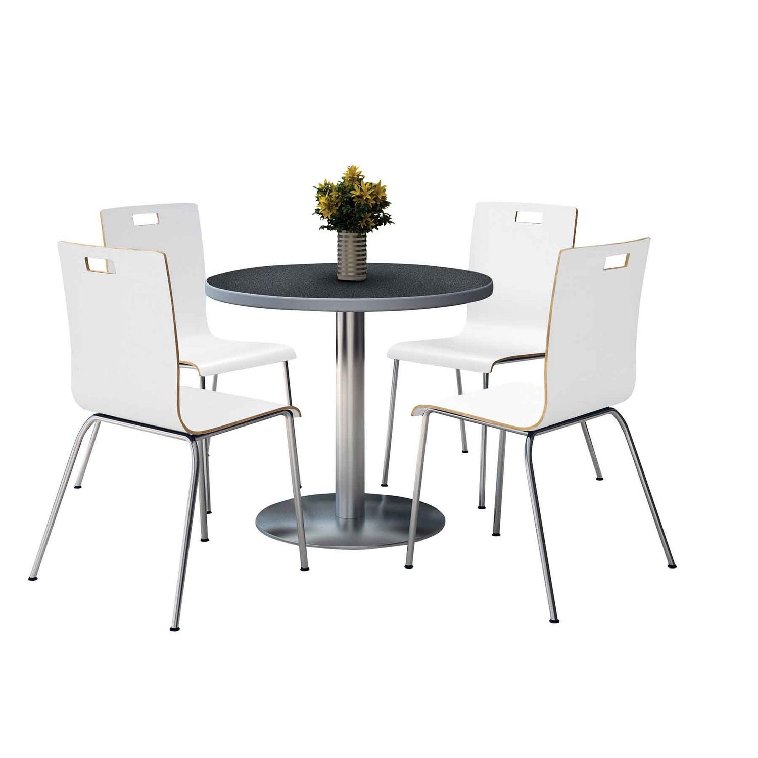 KFI Studios Pedestal Table with Four White Jive Series Chairs, Round, 36" Dia x 29h, Graphite Nebula