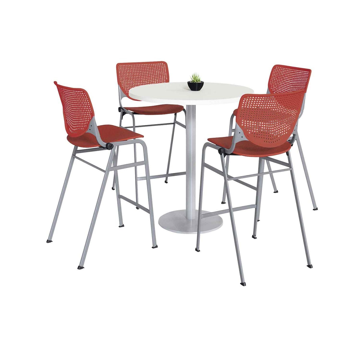 KFI Studios Pedestal Bistro Table with Four Coral Kool Series Barstools, Round, 36" Dia x 41h, Designer White