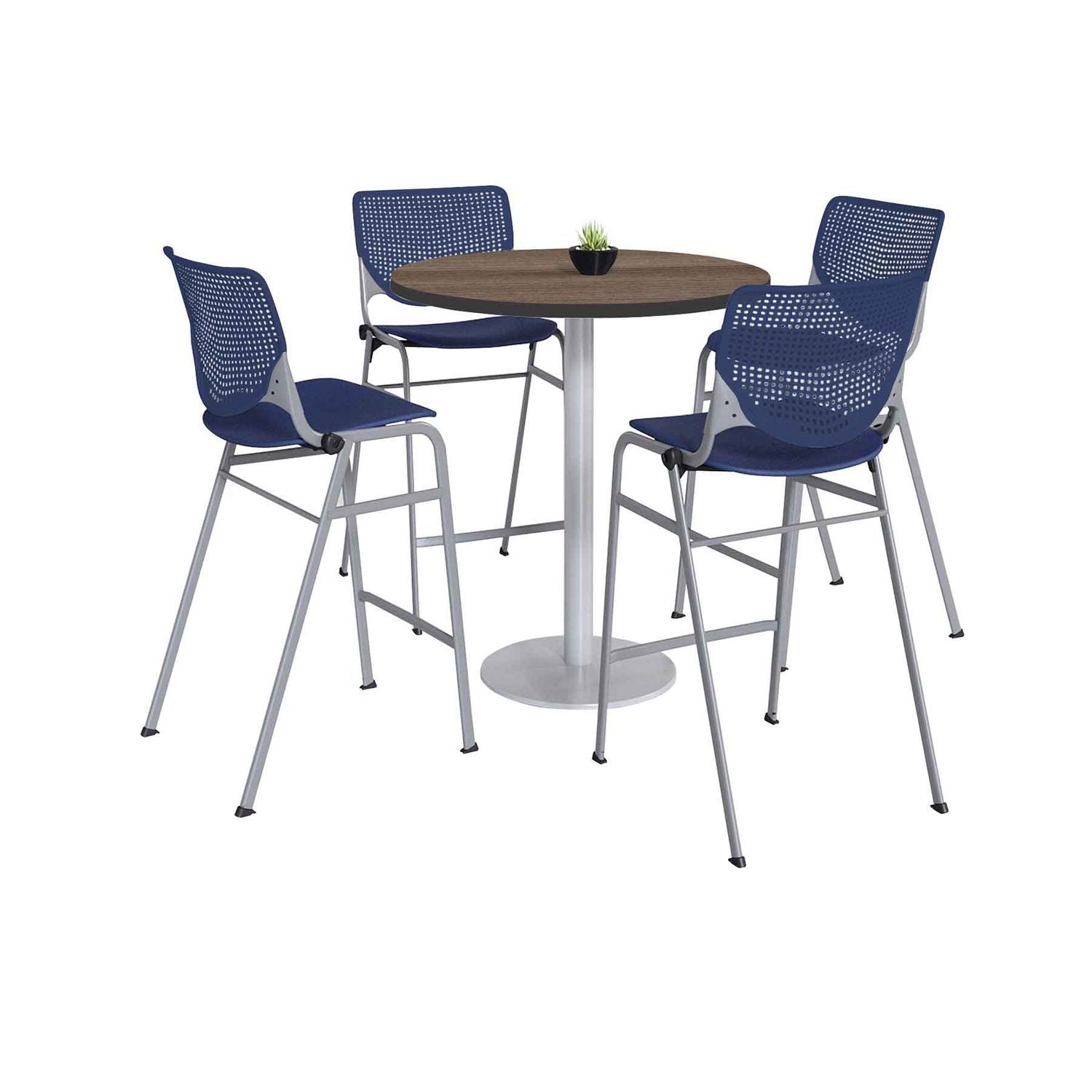 KFI Studios Pedestal Bistro Table with Four Navy Kool Series Barstools, Round, 36" Dia x 41h, Studio Teak