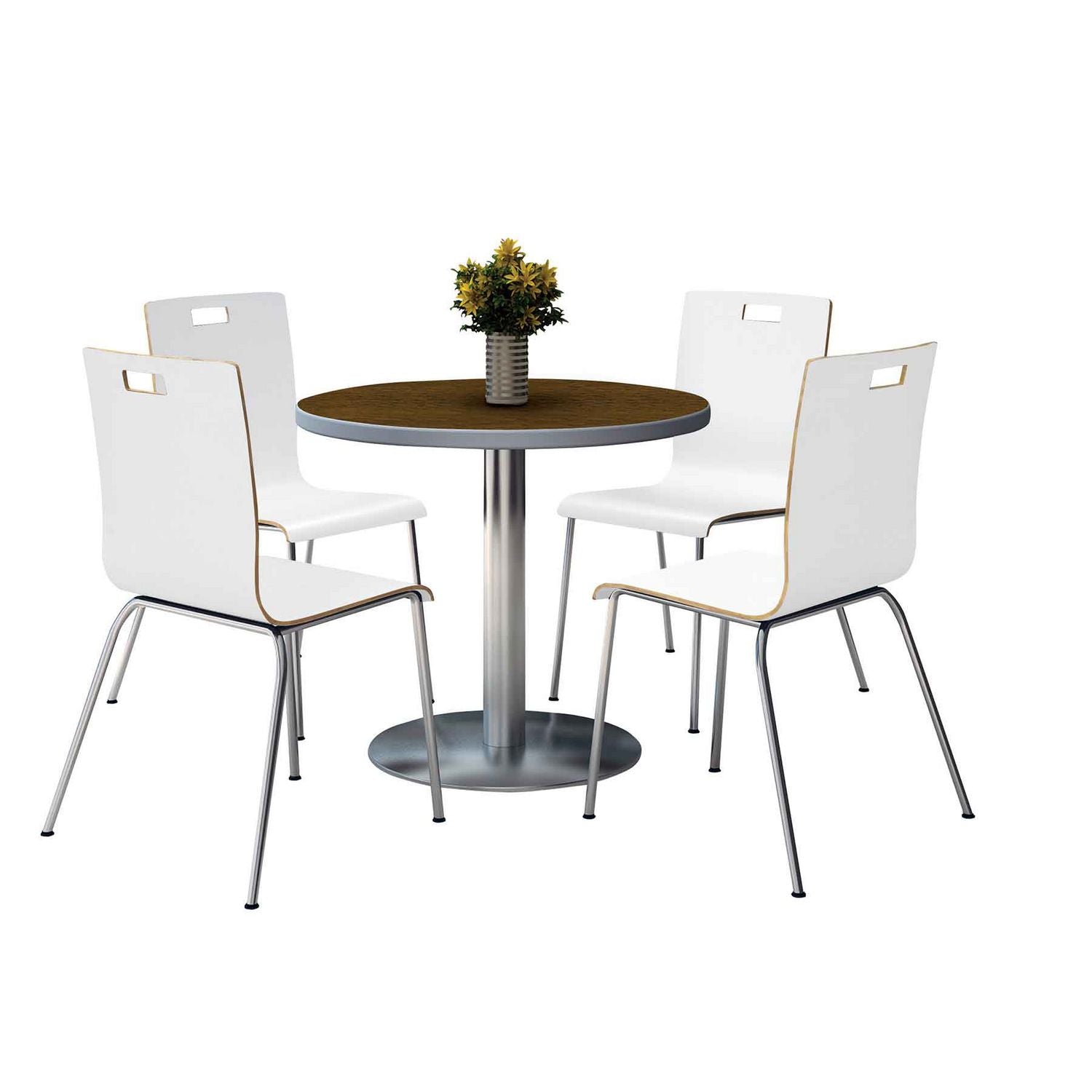 KFI Studios Pedestal Table with Four White Jive Series Chairs, Round, 36" Dia x 29h, Walnut