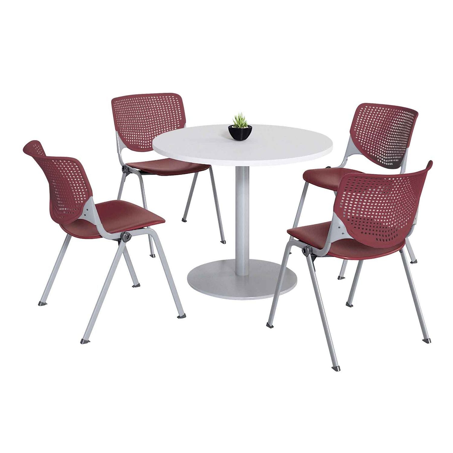 KFI Studios Pedestal Table with Four Burgundy Kool Series Chairs, Round, 36" Dia x 29h, Designer White