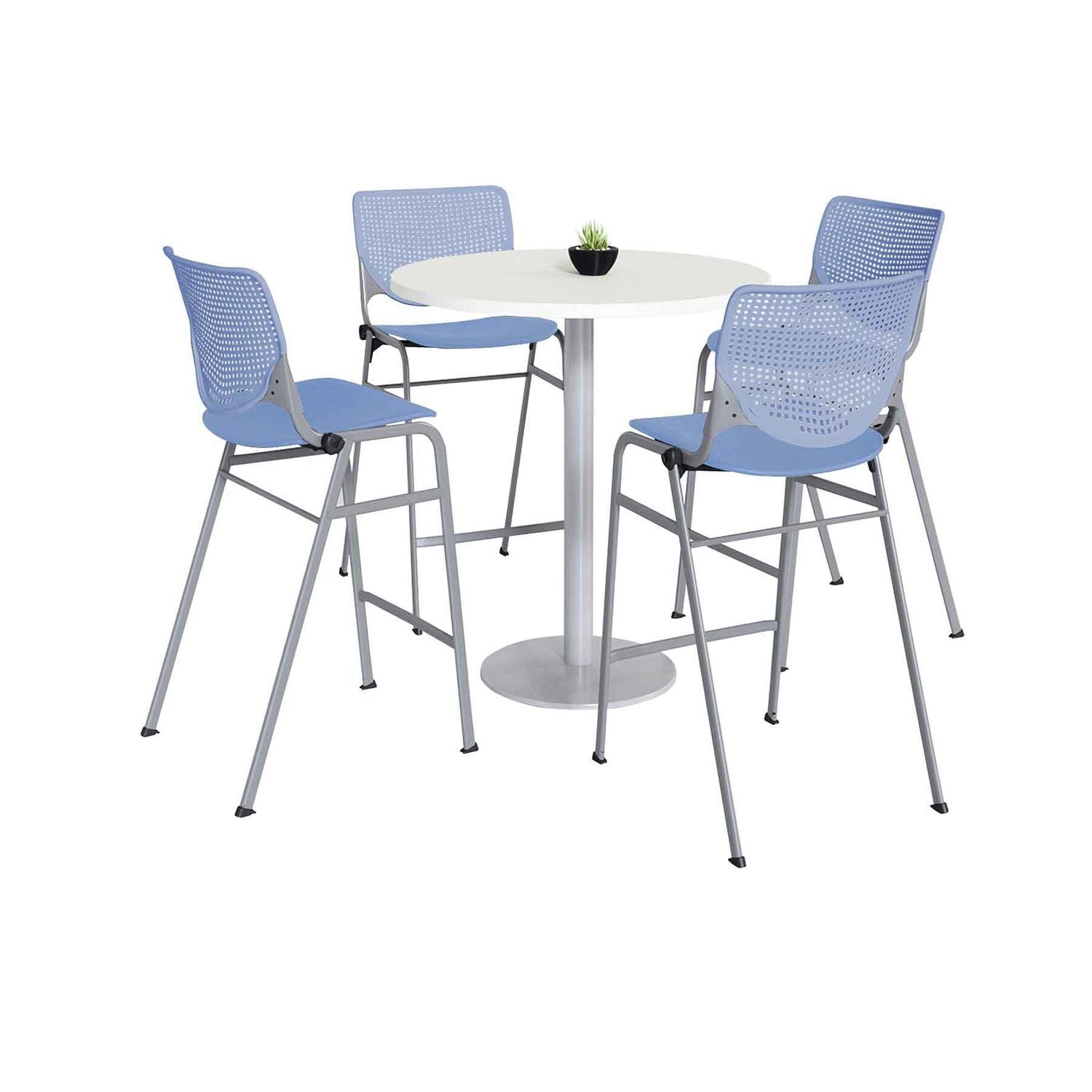 KFI Studios Pedestal Bistro Table with Four Periwinkle Kool Series Barstools, Round, 36" Dia x 41h, Designer White