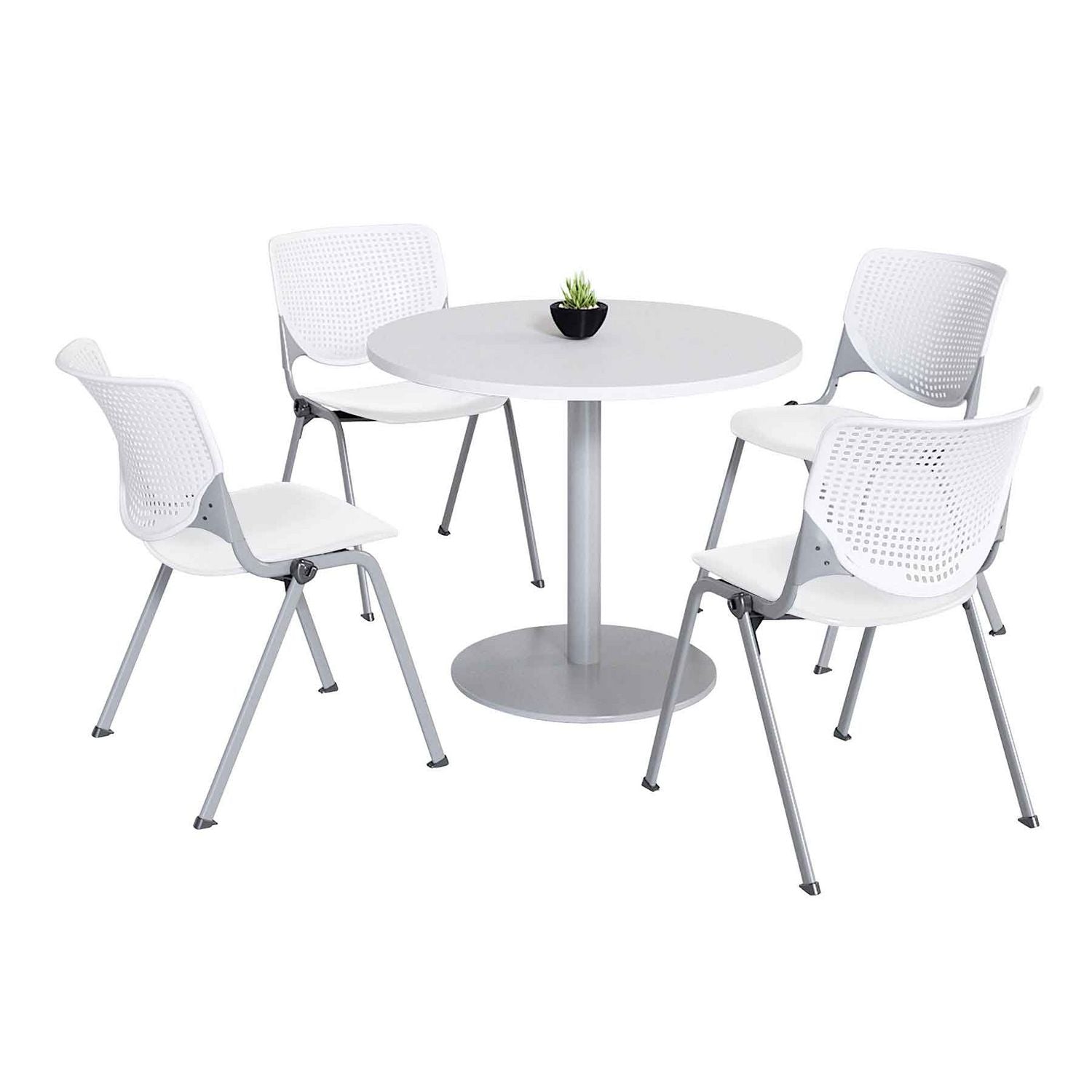 KFI Studios Pedestal Table with Four White Kool Series Chairs, Round, 36" Dia x 29h, Designer White